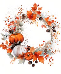 Poster - Autumn Floral Wreath With Pumpkins and Leaves Displayed on White Background