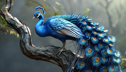 Colorful peacocks perched on branches with a blurred and natural background.