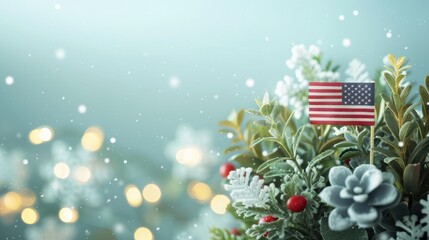 Wall Mural - Festive Winter Scene with American Flag and Snowflakes