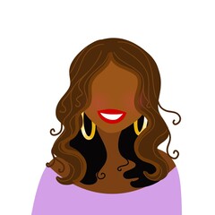 Wall Mural - cute dark skinned  girl happy smile without eyes 
 flat illustration 