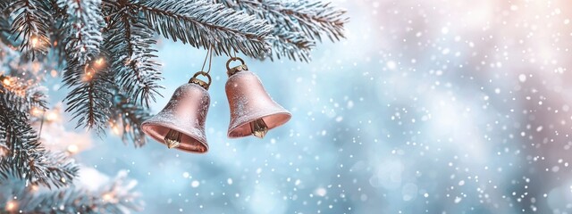 Wall Mural - Two festive bells hanging from a snow-dusted pine tree with twinkling lights and a snowy background. Concepts of Christmas, winter holidays, and festive decorations.