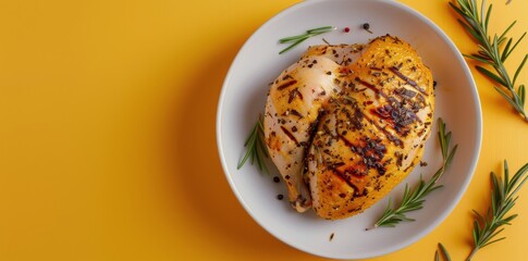 Poster - Roasted Chicken Garnished With Herbs on a Plate With Warm Yellow Background