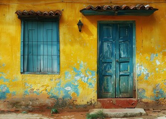 Canvas Print - a yellow building with blue doors and windows.

