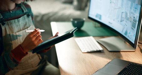 Aufkleber - Night, business and woman with tablet, laptop and internet with startup, project and graphic designer. Evening, freelancer and illustrator in modern office, technology and planning with creativity