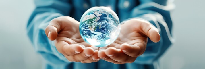 A person holding a crystal globe in their hands symbolizing global care, environmental conservation, and peace. Clean, crisp detailed photograph.