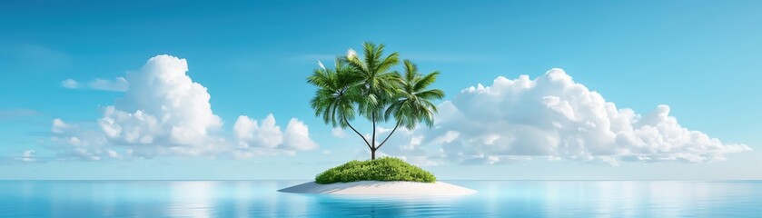 Wall Mural - A serene, tropical island with palm trees surrounded by calm turquoise water under a bright blue sky with fluffy clouds.