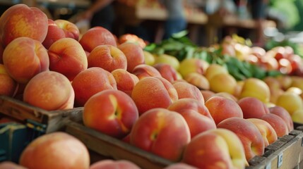 Poster - Fresh peaches and various fruits on display at an outdoor market