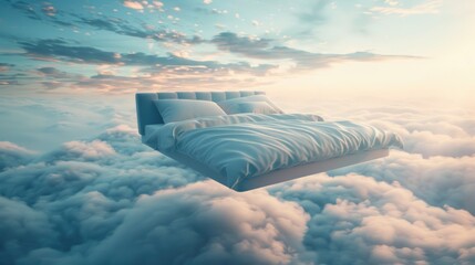 Poster - A bed suspended in the air above fluffy white clouds, great for creative illustrations or whimsical designs