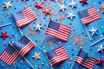 Canvas Print - Patriotic American Flags and Confetti on Blue Background - This festive image features American flags surrounded by confetti, symbolizing celebration, patriotism, independence, unity, and joy.