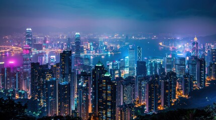 Wall Mural - Night view of a cityscape with skyscrapers lit up