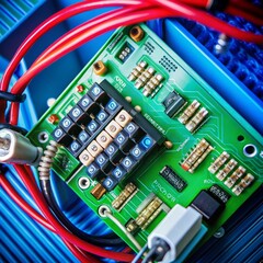 Sticker - Close-up of Electronic Circuit Board with Red and Black Wires - A detailed view of an electronic circuit board with red and black wires, showcasing intricate components and complex circuitry. This ima