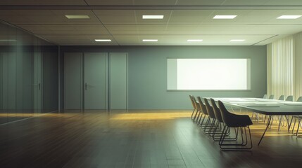 A large conference room with a white board and a row of chairs