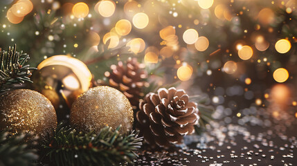 Wall Mural - christmas background with fir branches, pine cones and golden christmas balls.