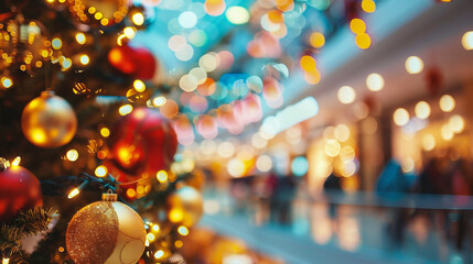 Wall Mural - christmas and new year holidays background. blurred image of people walking in shopping mall.