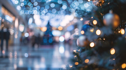 Wall Mural - blurred background of christmas tree with bokeh light in department store