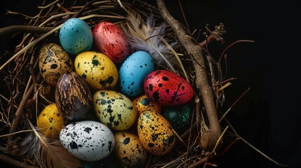 Canvas Print - A natural bird's nest filled with eggs and soft feathers, great for nature or wildlife photography