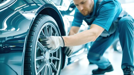 Mechanic fixing a car wheel in a professional auto repair shop. High-quality automotive maintenance service concept.