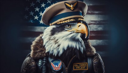 American Bald Eagle Pilot with Patriotism and Strength - A bald eagle wearing a pilot's uniform with a US flag in the background. The image symbolizes strength, courage, patriotism, freedom, and the U