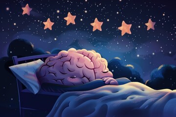 Poster - A cartoon brain lying on a bed with a starry night sky above