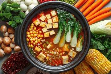 Sticker - tofu and vegetables in mala hot pot with side dishes