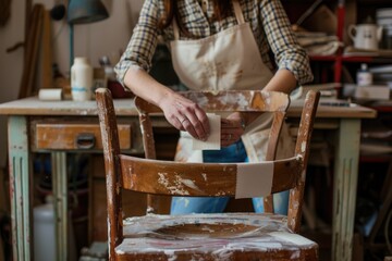Poster - A woman works on a chair wearing an apron, giving a glimpse into her DIY skills