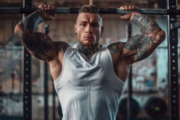 Poster - A person with visible tattoos performs a pull-up exercise