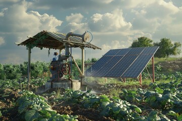 Wall Mural - A person stands beside a solar panel in an open field, with blue sky and green grass