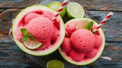 Wall Mural - Two watermelon drinks with straws and limes on a wooden table, AI