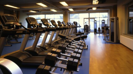 A modern gym with cardio equipment and free weights, ready for a workout.