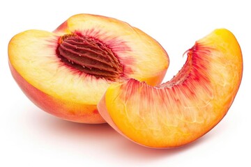 Poster - Fresh peach cut in half on a white surface