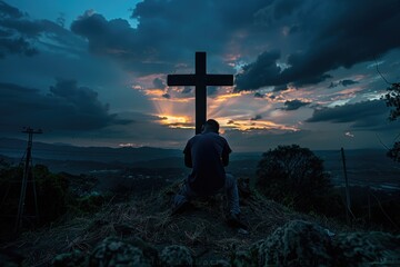 Aufkleber - A person sits at the foot of a cross on a hill, surrounded by nature