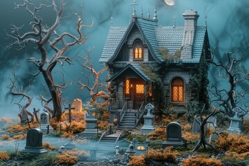 Wall Mural - A haunted mansion with a gloomy graveyard