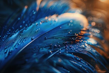 Poster - A detailed shot of a blue feather with small water droplets on its surface, perfect for use in nature or beauty related concepts