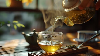 Pouring green tea oolong in a cup healthy tea rich in antioxidants