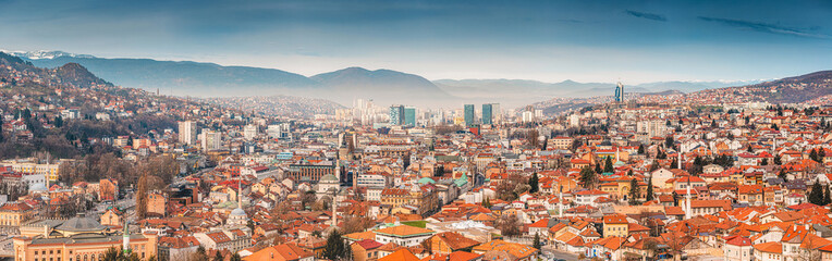 Wall Mural - Aerial views of Sarajevo reveal a tapestry of history and modernity, inviting visitors to embark on a journey through its storied streets and landmarks.