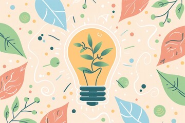 Wall Mural - Illustration of a light bulb surrounded by leaves and colorful elements on a soft background