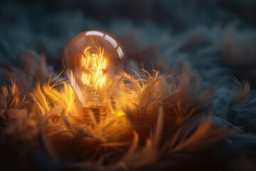 Poster - A light bulb sits on top of a pile of soft feathers
