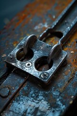 Poster - A detailed view of a metal latch attached to a wooden surface