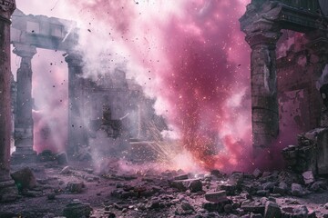 Aufkleber - A massive red and pink smoke cloud fills the air after an explosion in a ruined building