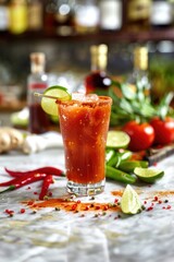Aufkleber - A glass of bloody cocktail garnished with a lime slice on the rim, perfect for a bar or restaurant scene