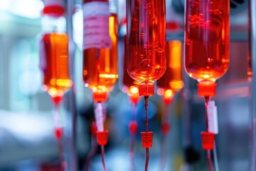 Poster - A collection of blood samples suspended from the ceiling, ideal for use in medical or scientific settings