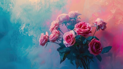 Stunning image of large pink rose bouquet on vibrant blue and pink backdrop