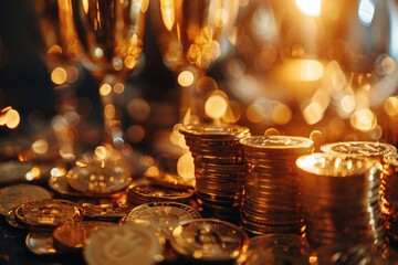 Aufkleber - Pile of gold coins sitting on a table, great for financial or treasure-themed concepts