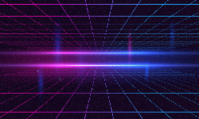 Poster - Grainy cSynthwave wireframe net illustration. Abstract digital background. 80s, 90s Retro futurism, Retro wave cyber grid. Deep space surfaces. Neon lights glowing. Starry background. Veoncept 04.08 9
