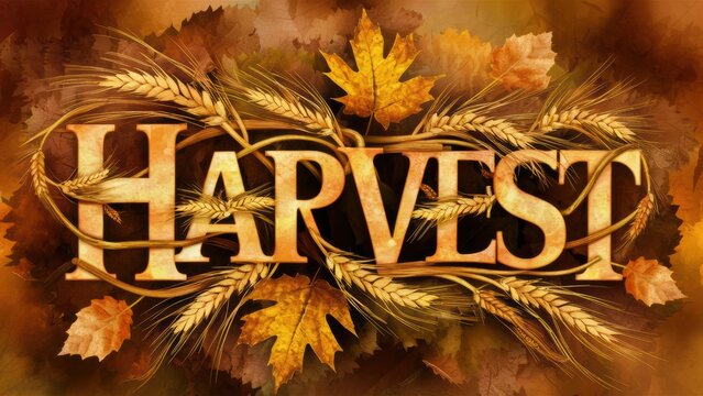 A close up of a word harvest with leaves and wheat, AI