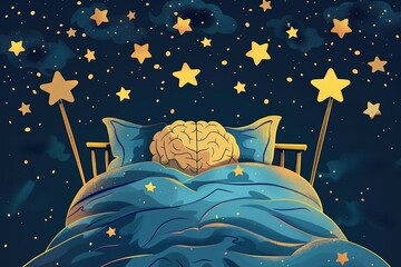 Poster - A pillow with a brain printed on it, placed next to a bed