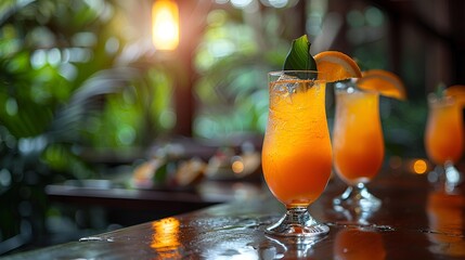 two glasses of orange juice on a table.

