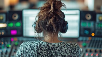 A woman with headphones, viewed from behind, is operating sound mixing equipment and software in a recording studio, highlighting creativity and technical skills in music production.