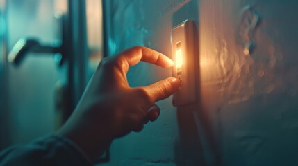 Poster - A person turns the light switch on a wall