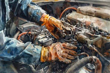 Poster - A person working on the engine of an automobile, with tools and parts scattered around